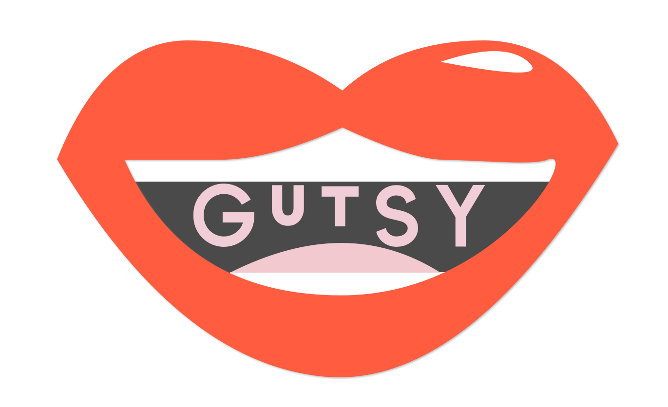 A mouth open with the word Gutsy inside